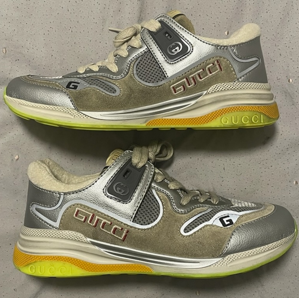 Gucci Ultrapace low sneaker silver neon yellow distressed women's size 6.5